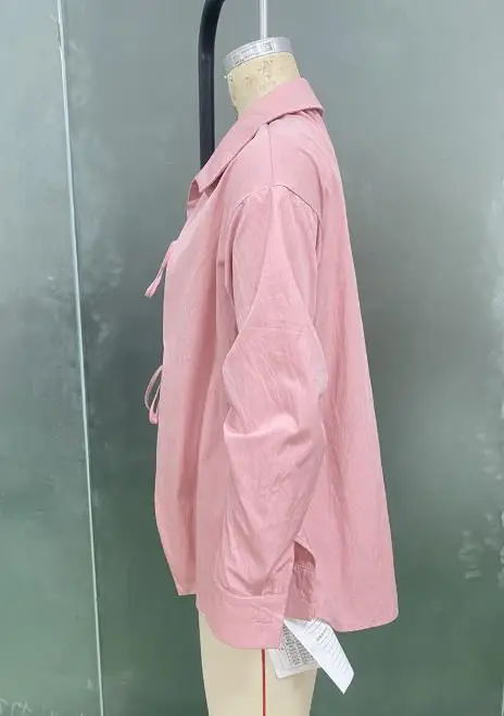 Damska koszula z długim rękawem, zapinana na guziki, z koronkowym wiązaniem, jednolity kolor, unikalny design, modna i uniwersalna.