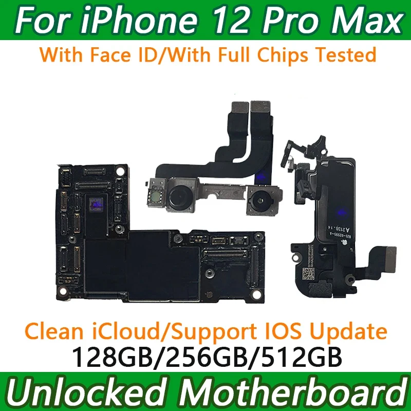 Unlocked Motherboard for iPhone 12 Pro Max Mainboard with Face ID iCloud Logic Board 5G Full Chips Support Update Replacement