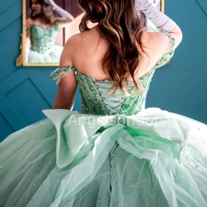 Angelsbride Glitter Tulle Mint Green Ball Gown Quinceanera Dresses Beading Crystal Formal Cinderella Birthday Sweet 15