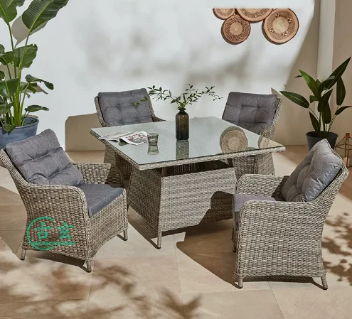 Aluminium Garden Furniture Patio Metal Rattan Armchairs With Round Fire Pit Table Outdoor Wicker Dining Set With Fire Pit Table