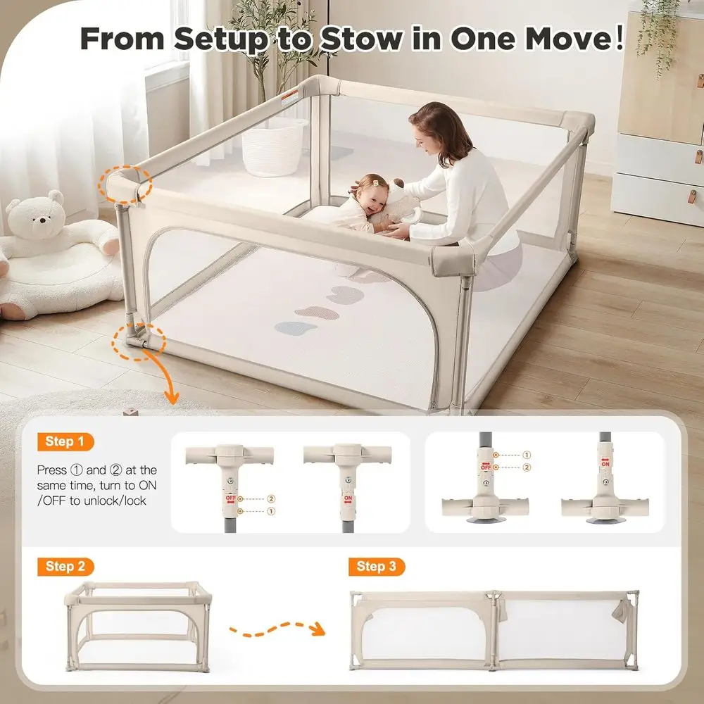 روضة أطفال قابلة للطي مقاس 47 × 47 مع باب بسحاب، منطقة لعب كاكي فاتح للرضع والأطفال الصغار #2