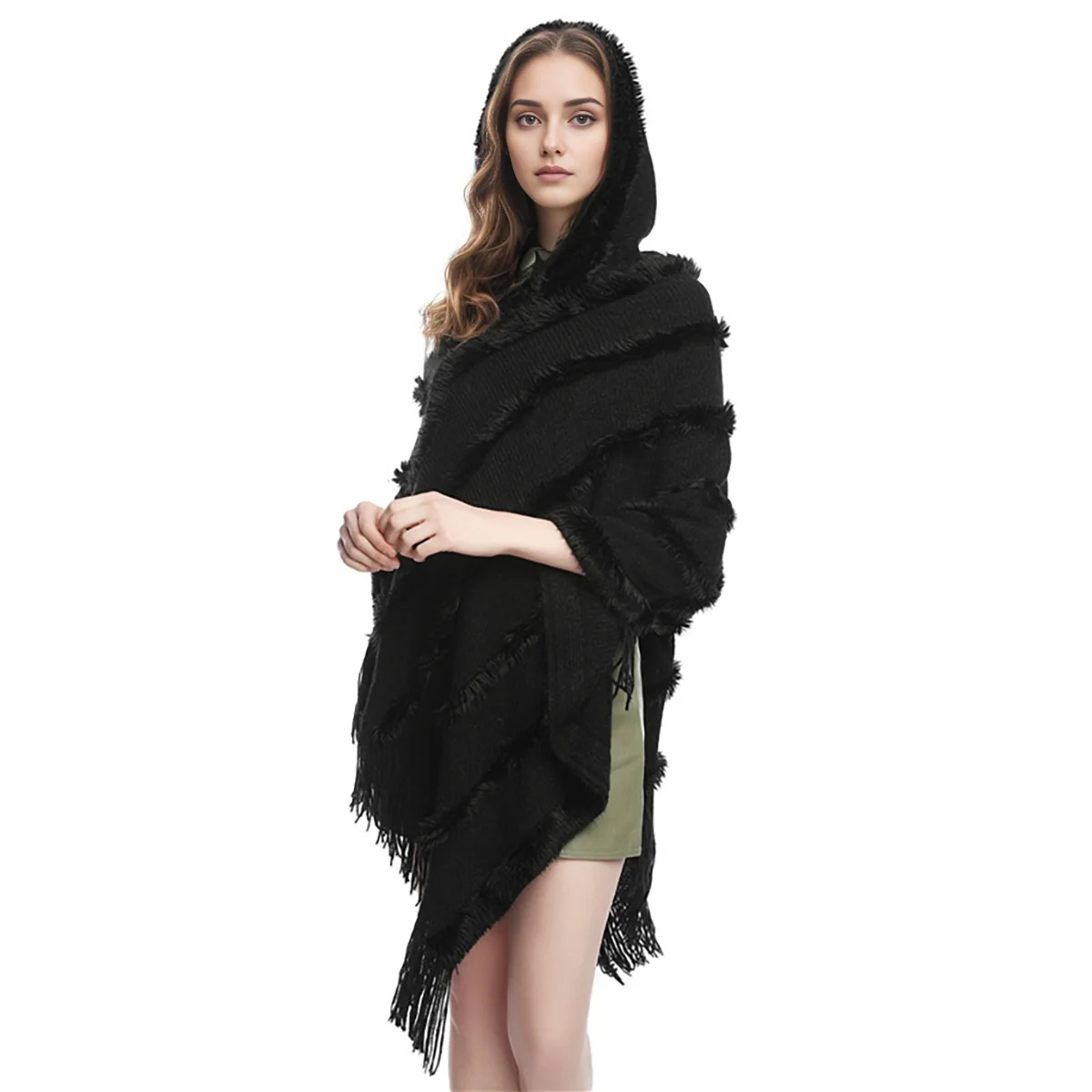 

Fashion Mongolian Poncho with Hat Women's Ethnic Style Knitted Cape Pullover Tassel Shawl Coat Overlays Solid Knitting Wraps
