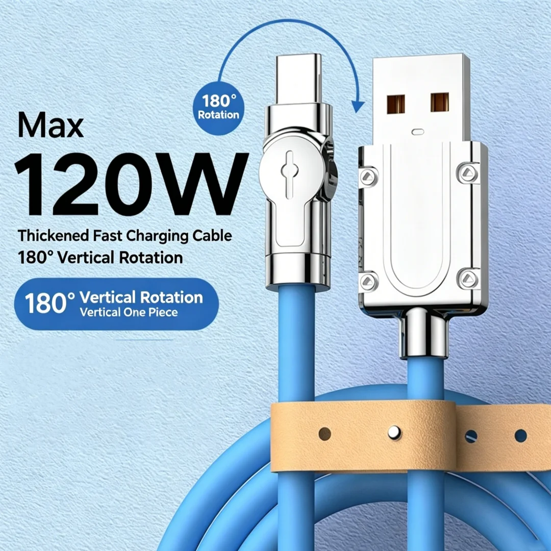 180 Degree Rotating Type-C Charging Cord 120W High Current Thick Cable Flexible Anti-break Wire 1M 2M 3M For Mobile Phones