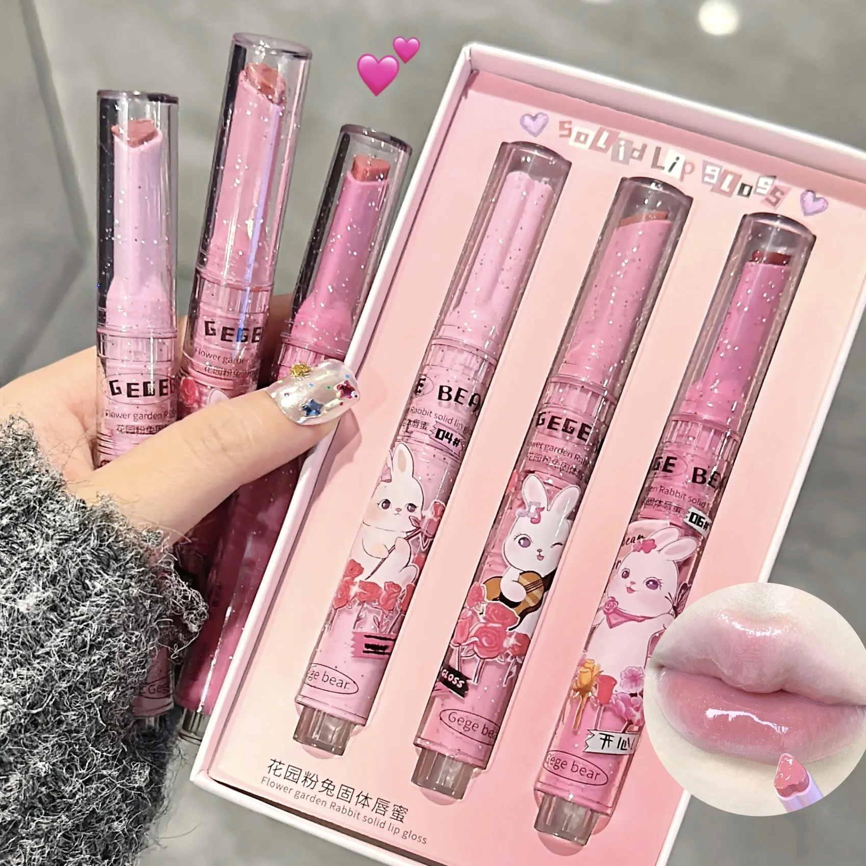 Gege Bär Garten rosa Kaninchen festen Lip gloss Set lang anhaltende feuchtigkeit spendende wässrige farbige Lippen balsam koreanische Lippen tönung Make-up