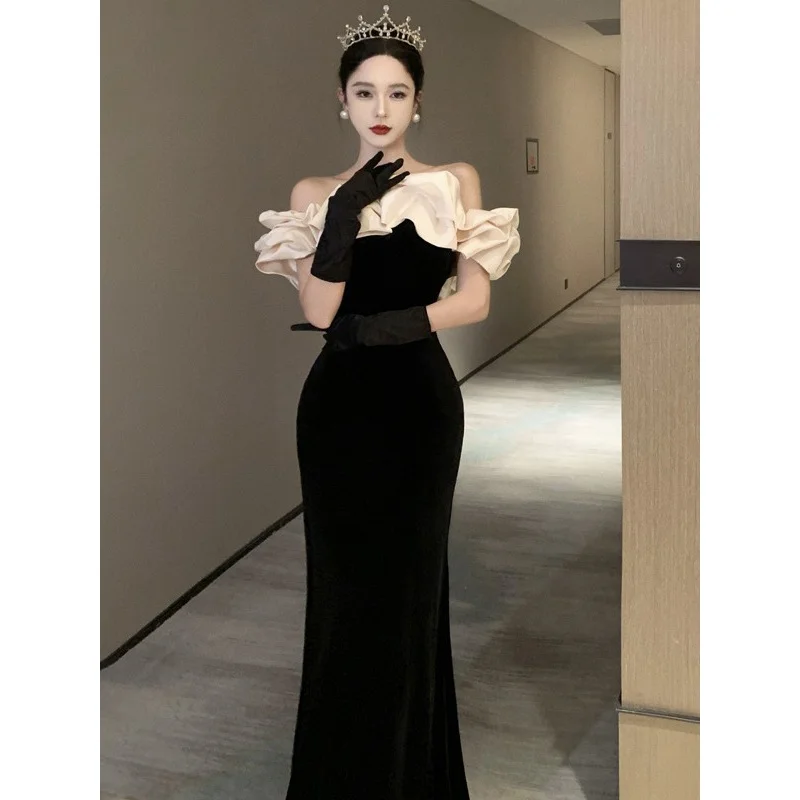 Evening dresses Velet Ballgowns black off-shoulder Prom dress fishtail party dress H912