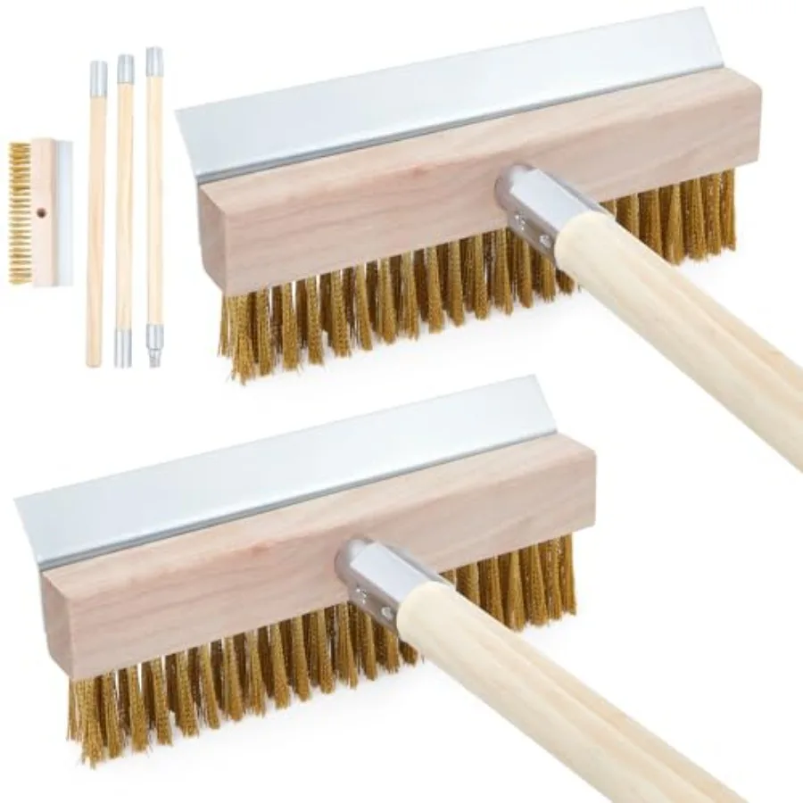

2 Pack 63 Inch Wood Handle Pizza Oven Brush with Scraper Outdoor Pizza Oven Cleaning Brush Tool Aluminum Threaded Tip Brass Bri