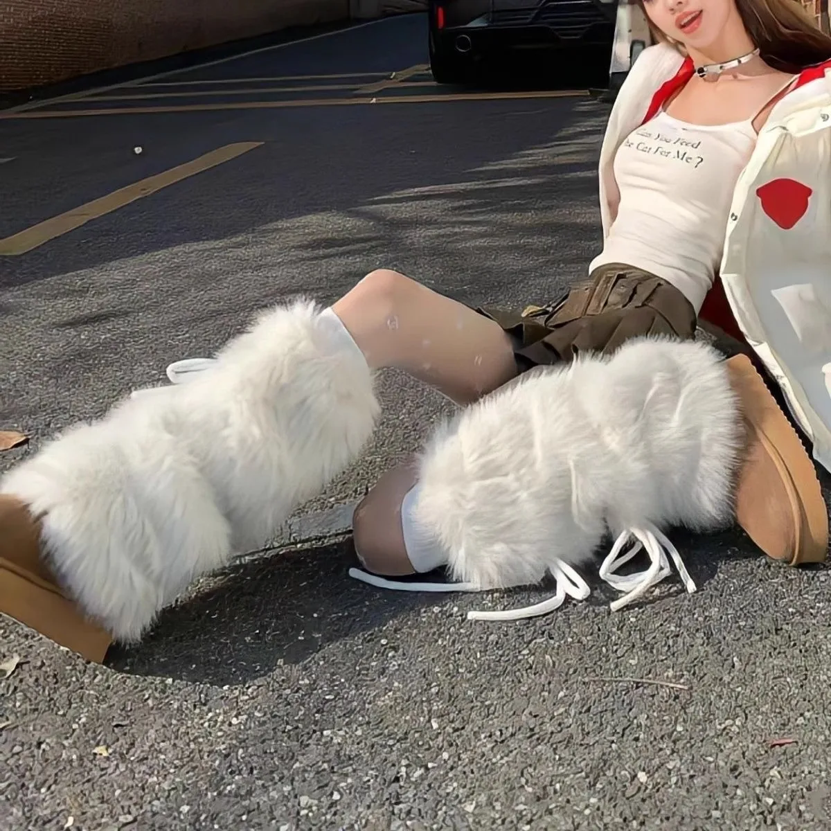 Y2k Kunstfell-Beinwärmer für Damen, mit Schnürung und Schleife, flauschige Beinwärmer, Winter-Shopping, Coquette-Stiefelmanschetten, Kawaii-Street-Snap-Beinüberzüge – Detail 3