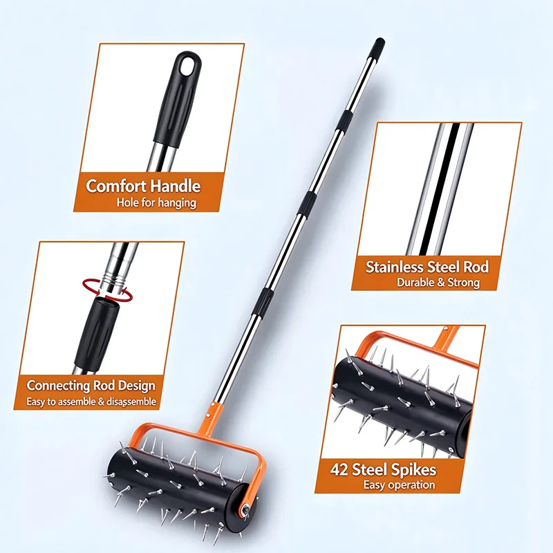 Manual Push Rolling Lawn Aerator Roller Core Plug Aerator 42 Steel Spikes Lawn Soil Aerator Garden Yard Lawn Care Tool