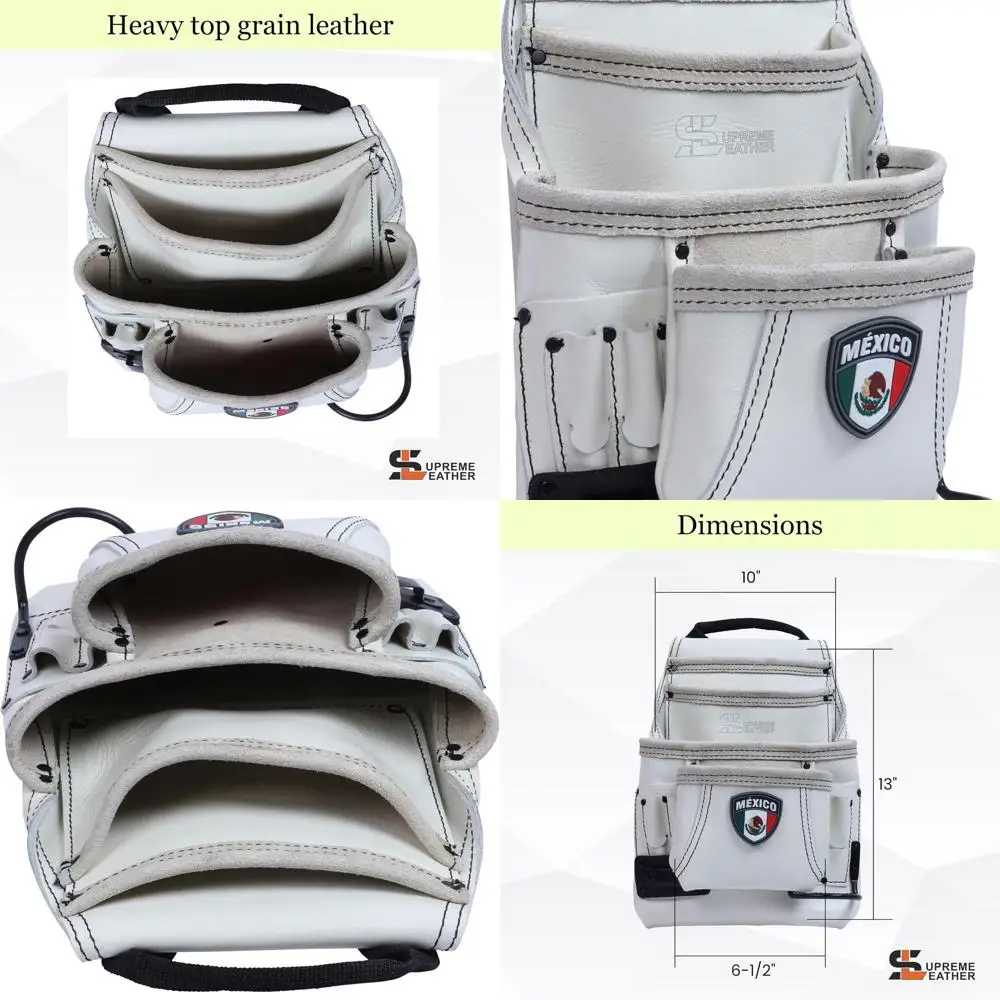 

Белая кожаная сумка для инструментов в стиле мексиканского флага с держателем для молотка для плотников, кровельщиков, электриков и столяров - 10 карманов