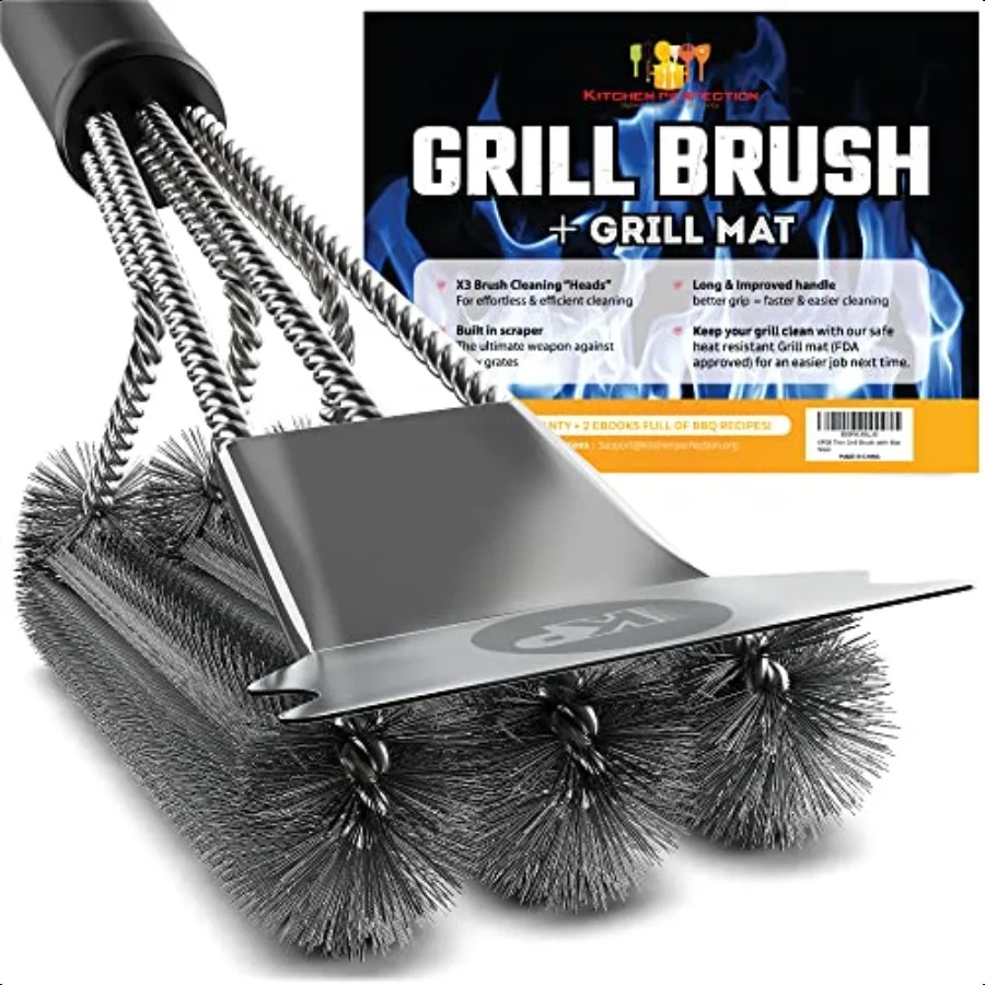 

KITCHEN PERFECTION Safe Wire Grill Brush for Outdoor Grill w Grill Scraper Grill Mat Grill Cleaning Kit Extended Handle BBQ Bru