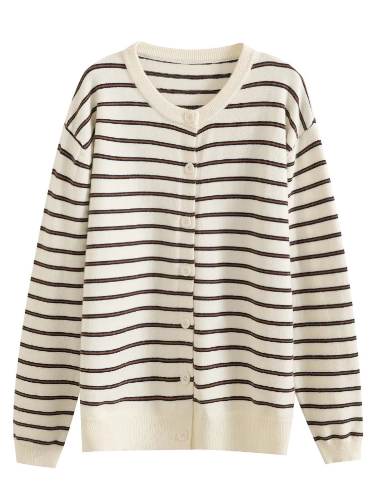 

Korobov Korean Vintage Contrast Color Striped V Neck Single Breasted All Match Knitted Cardigan