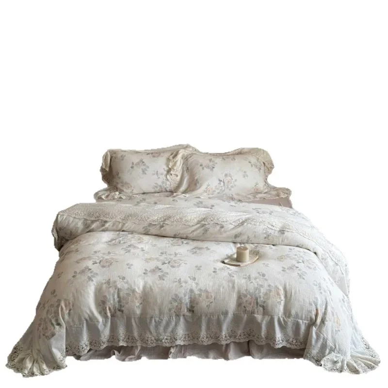 Vintage lace, French double yarn four-piece set, pure cotton bedding