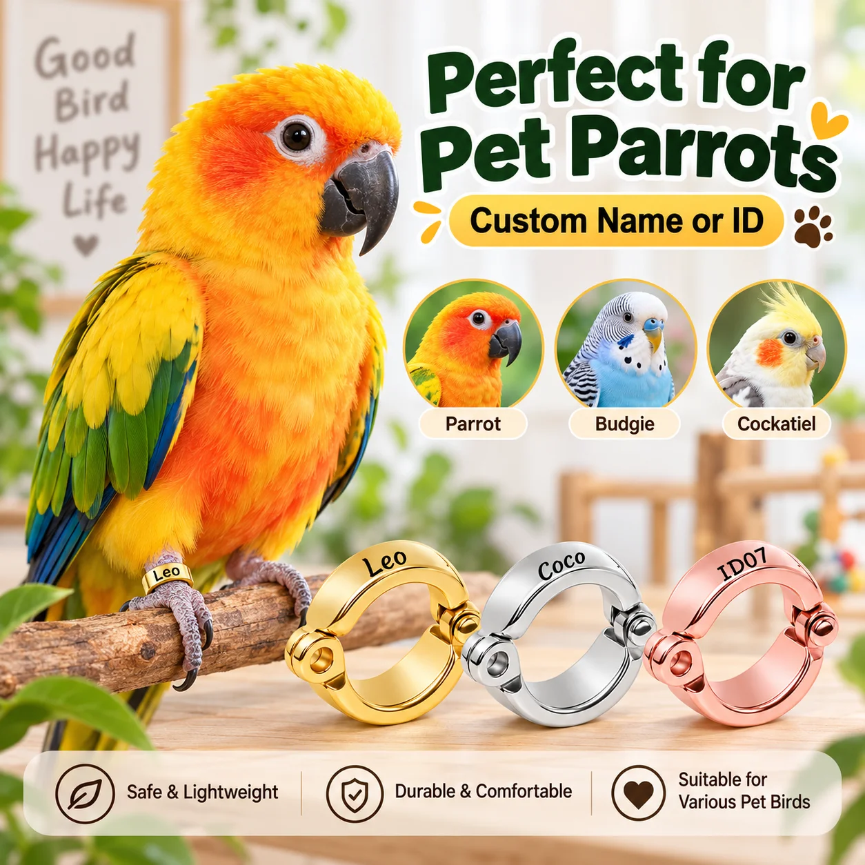 3Pcs Customizable Bird Foot Rings with Name or Serial Number (Suitable for Small, Medium, and Large Bird Training), Gold, Silver, Rose Gold 3-Piece Set, Bird Training Tools, Bird Behavior Adjustment Supplies, Durable Structure, Secure Fit Rings, Reinforced Rings, for Bird Enthusiasts