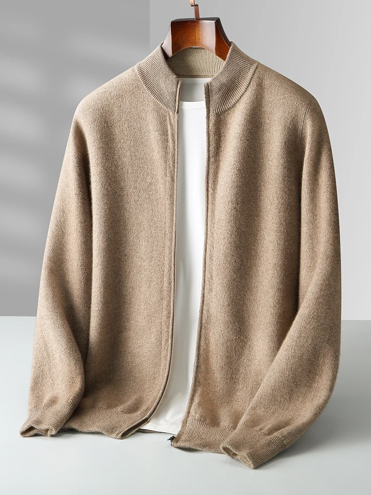 High-end Men Cashmere Sweater Zipper Cardigan Autumn Winter 100% Merino Wool Knitwear Thick Mock Neck Double Sided Wearable Coat