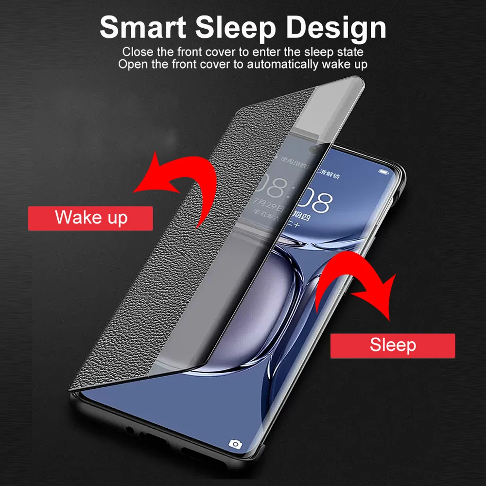 Genuine Leather Flip Cover For Huawei P50 Pro P50Pro Case Original Mirror Smart Touch View Wake Sleep Up Protection Capa Fundas