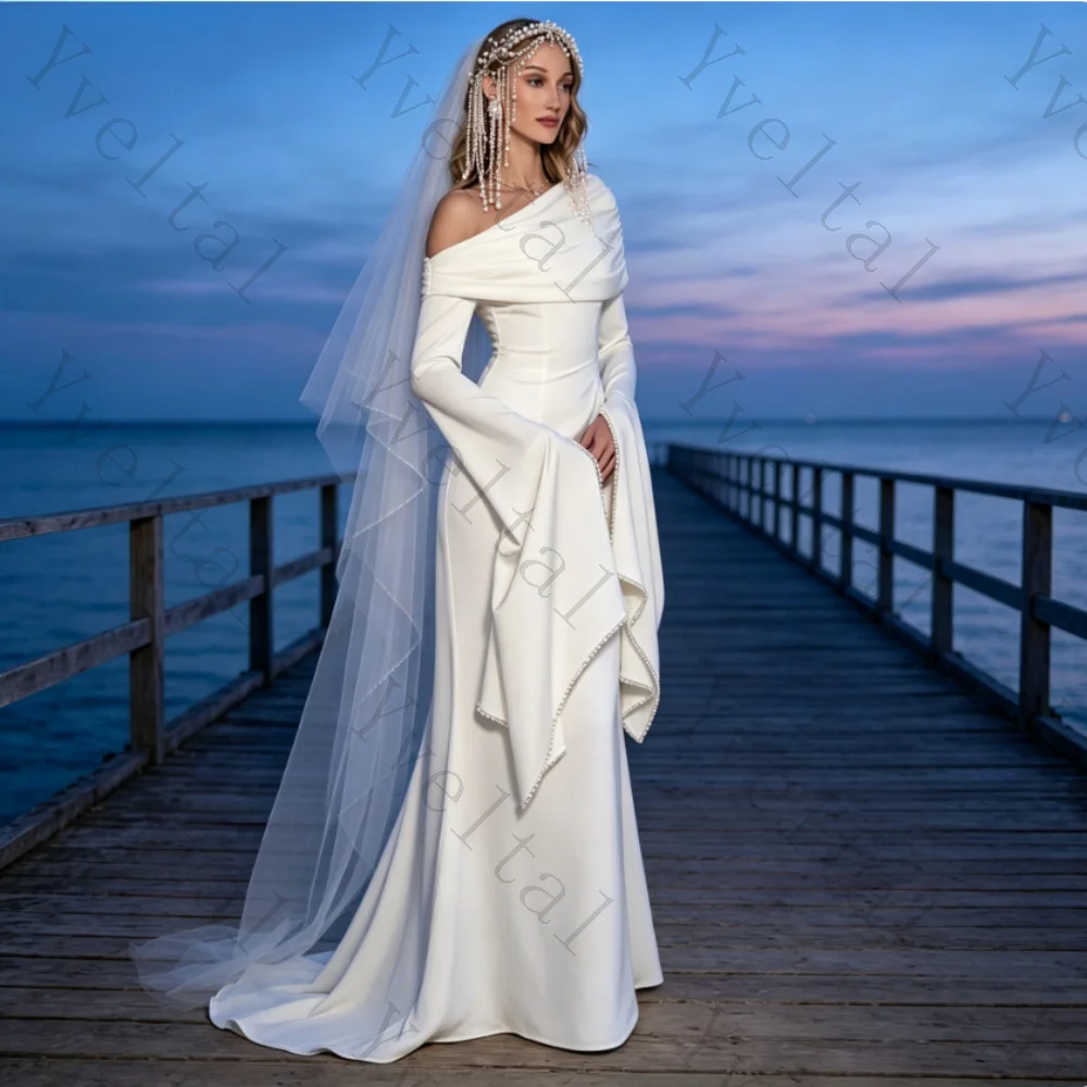 Customized Graceful Temperament Ivory Classic A Line Wedding Dresses One Shoulder Pearls  Fascinating Fashion Bridal Gown