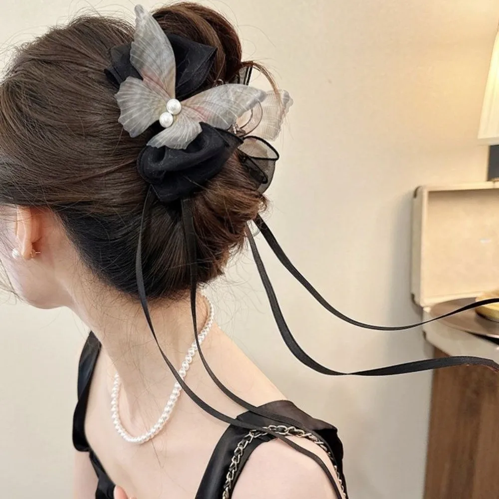 Chinese Style Hair Claw Clip Imitation Pearl Decor Double-Sided Butterfly Hair Clip Decorative Long Ribbon Tassel Bow Hair Claw