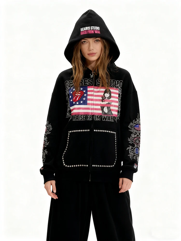 2025 Autumn/Winter New High Street Harajuku Ins Retro Trendy Personalized Printed Zipper Hoodie Fashion Unisex Y2k Clothing