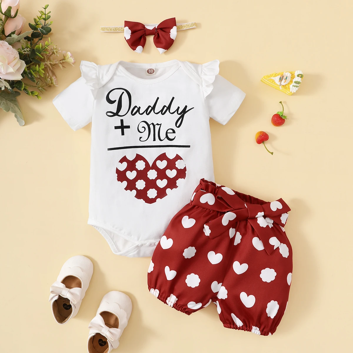 

0-18 Months Baby Girl Clothing Heart Shaped Short Sleeve Bodysuit + Love Shorts 3Pcs Suit Summer Toddler Girl Fashion Outfit Set