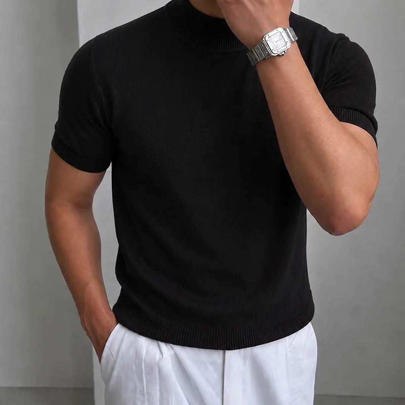 Herren Casual Einfaches Strick-T-Shirt Halbhoher Kragen Weicher Komfort Modisch Einfarbiges Strick-Kurzarm-T-Shirt Mock Neck Pullover – Detail 8