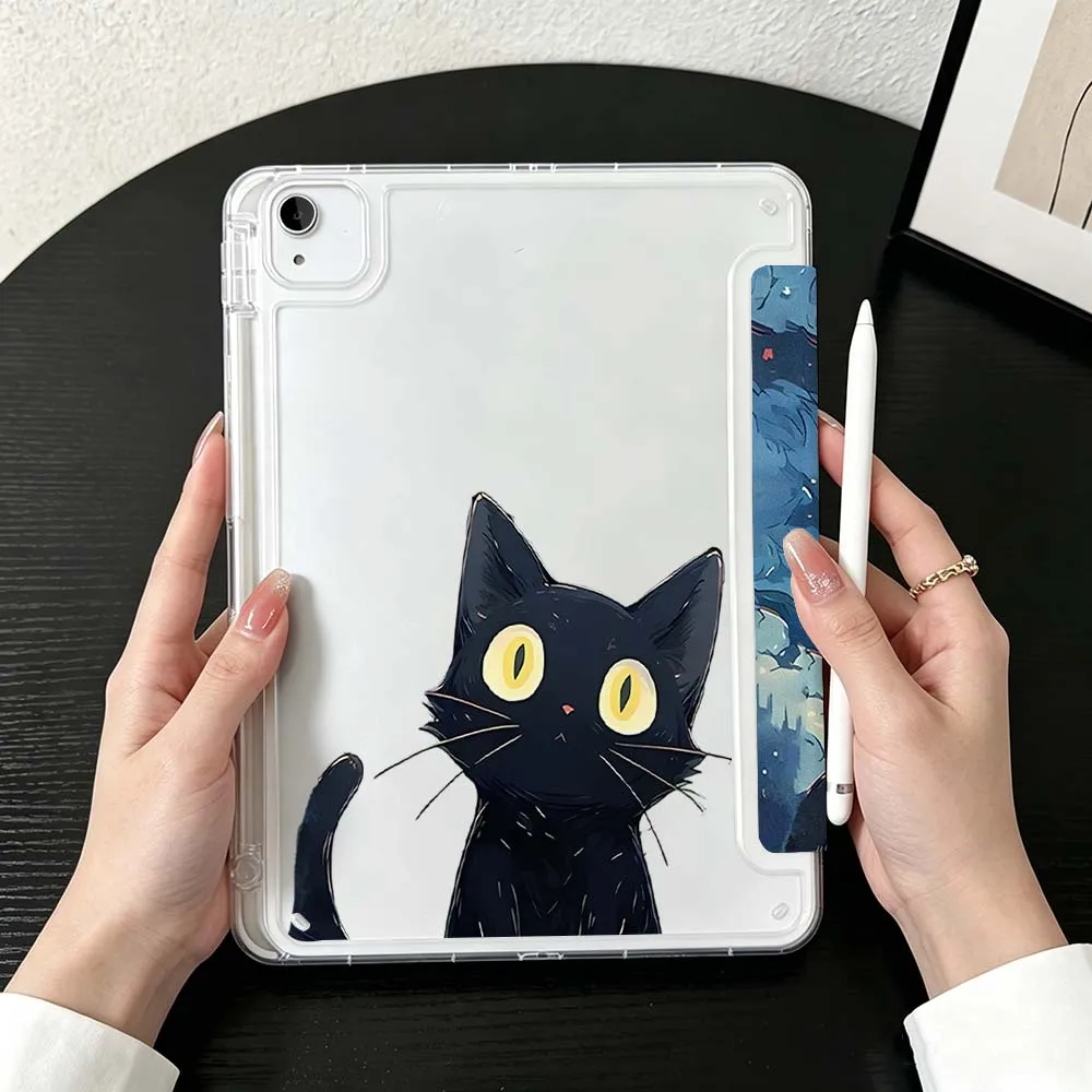 Cartoon Black Cat Night For iPad Mini Pro Air 5 6 7 8 9 10th 11th 11 9.7 10.9 13 inch Transparent Y-Shaped Folding Tablet Case