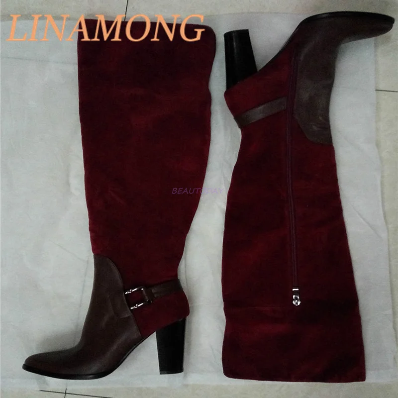 

Leather Suede Patchwork Knee High Boots FashionableSimple Buckle Design Pointed Thick Heel Brown Temperament Long Boots