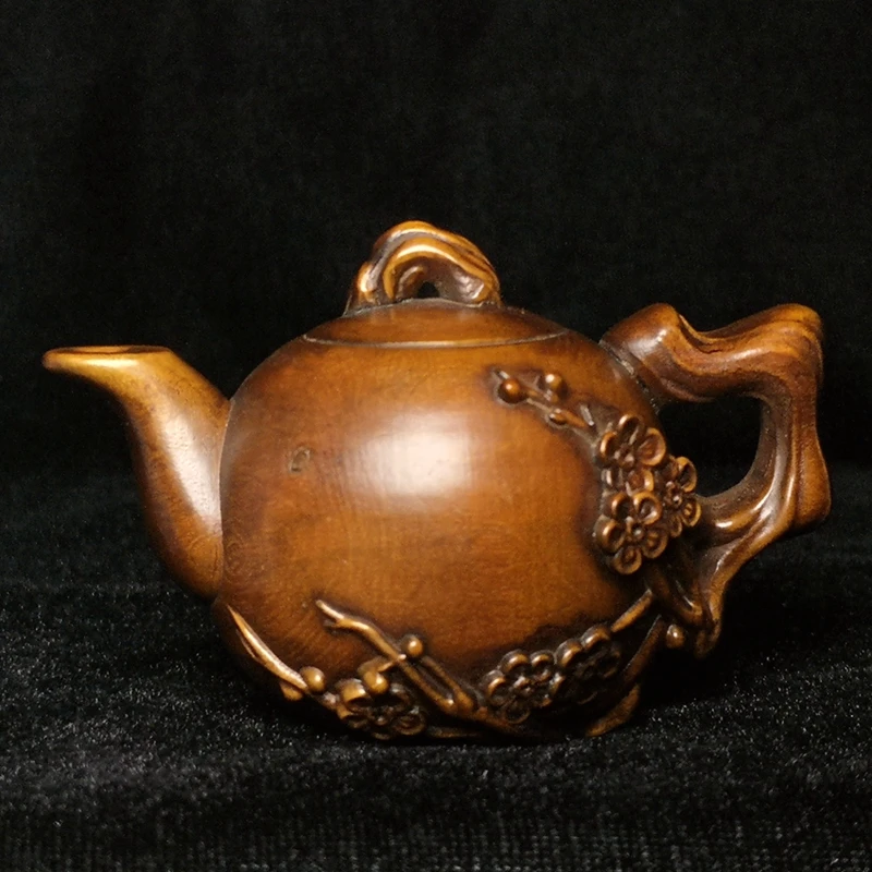 

YIZHU CULTUER ART Size 3 Inch Old Chinese boxwood hand carved plum blossom pot kettle shape table decoration Gift collectable