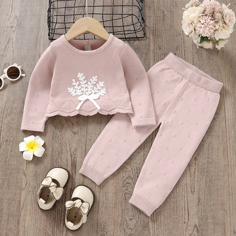 

Fashion Baby Girls Clothes Sets Pink Long Sleeve Knit Newborn Sweaters Shirts+Pants Outfits Autumn Winter Toddler Child Costumes