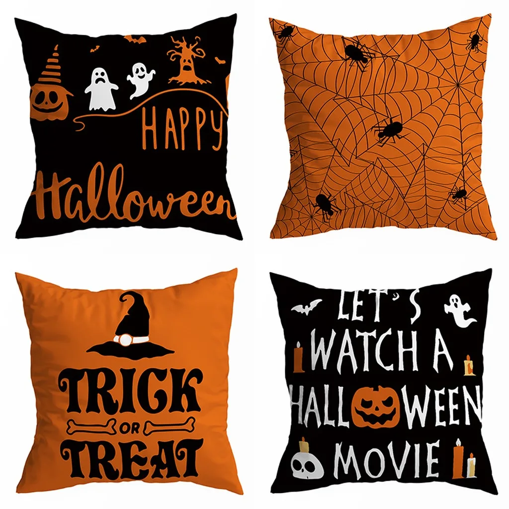 Halloween Cushion Cover Trick or Treat Pumpkin Polyester Throw Pillow Cover Square Decorative Pillowcase Sofa Bed Home Decor