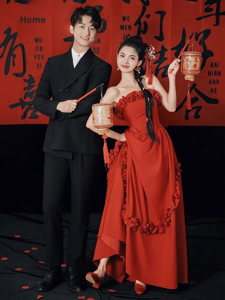 

Red Wedding Dr Vintage Sle Off-oulder Long Sve Floor-Length Gown for Engagement Par Banquet Ceremony