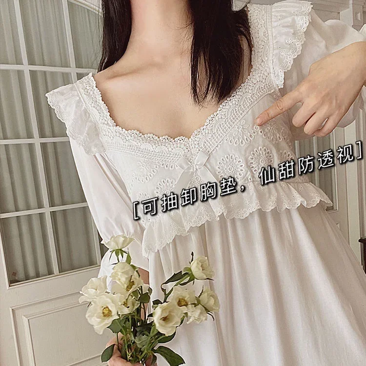 Vintage Sweet Princess Style Nightdress Summer Short Sleeve Lace Court Pajamas Home Wear Sweet Sleepwear Outside image 3