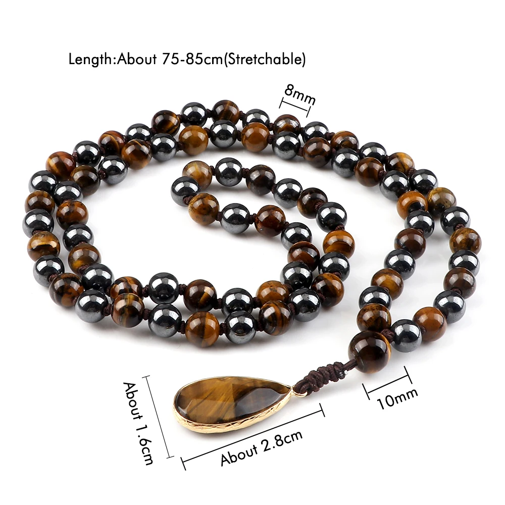 8mm Tiger Eye Stone Necklace Drop Pendant Handmade Knotted Irregular Hematite Beaded Necklaces Health Protection Mala Jewelry