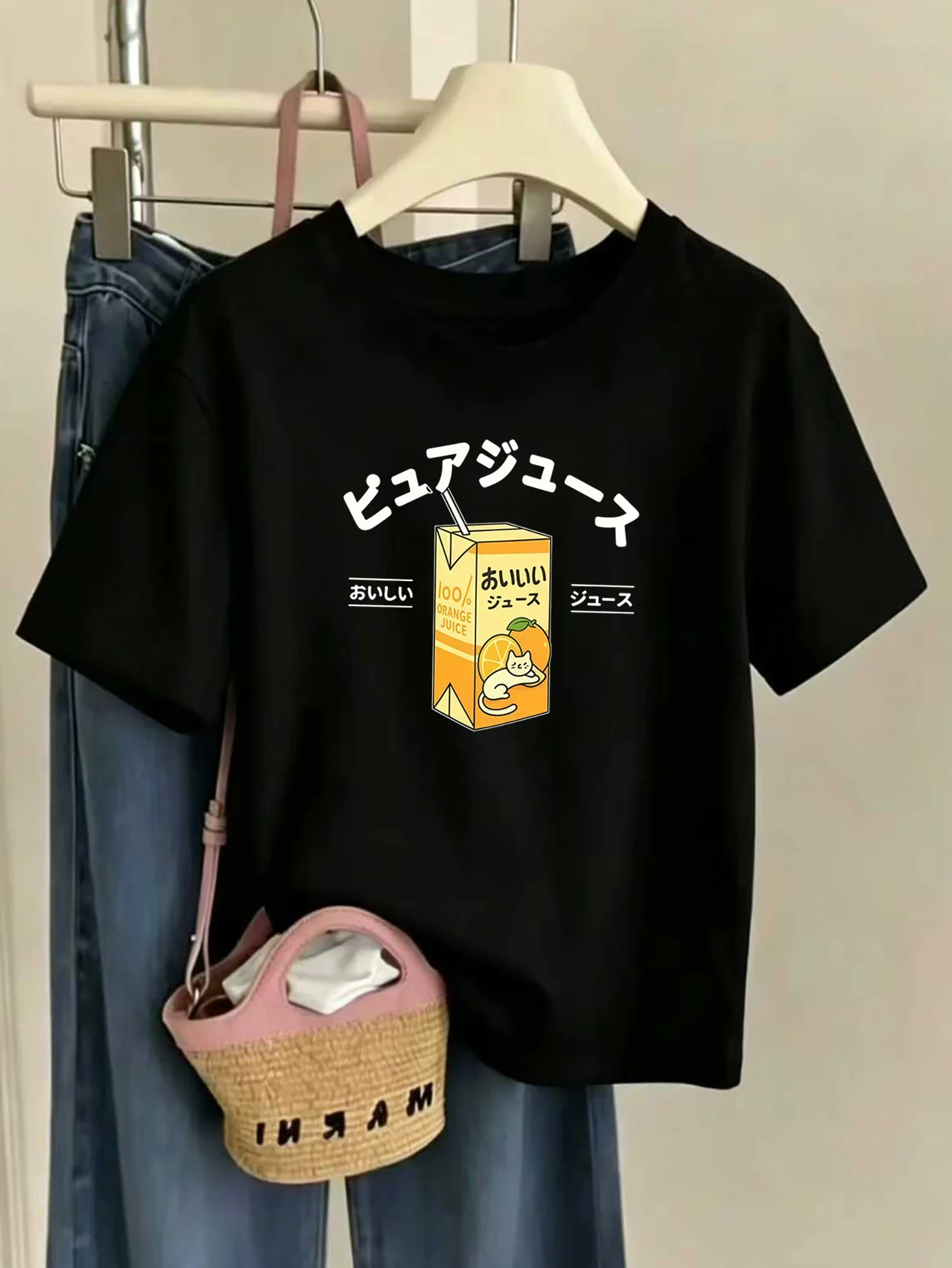 Kids Cute Japanese Orange Juice Box Cat Graphic Tee Boys Girls Family Matching Short Sleeve Sweet Drink Casual Everyday T Shirt