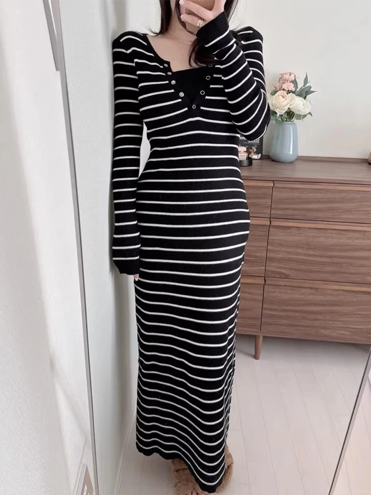 Vestido de Malha t Ajustado F Camada Base Vestido Longo Outono Novo Estilo para o Dia a Dia Cintura Alta Manga ...