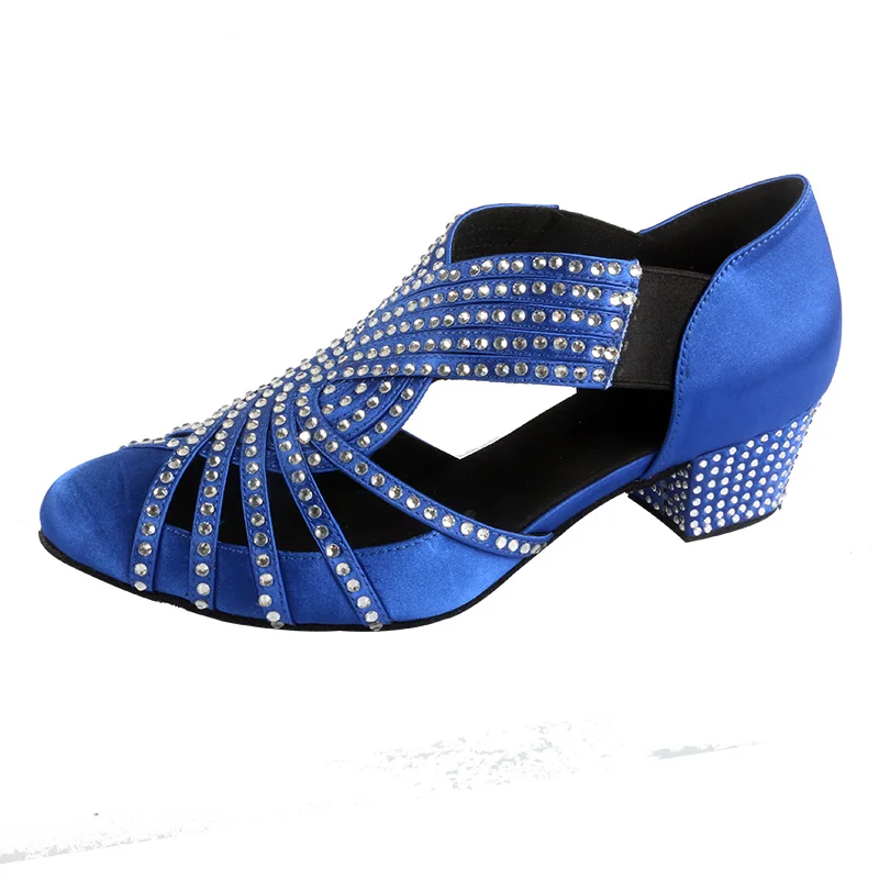 Wedopus Rhinestone Dancing Shoes Women Ballroom Latin Closed Toe Royal Blue Satin Low Heel Dance Practice Shoes Pointed Toe