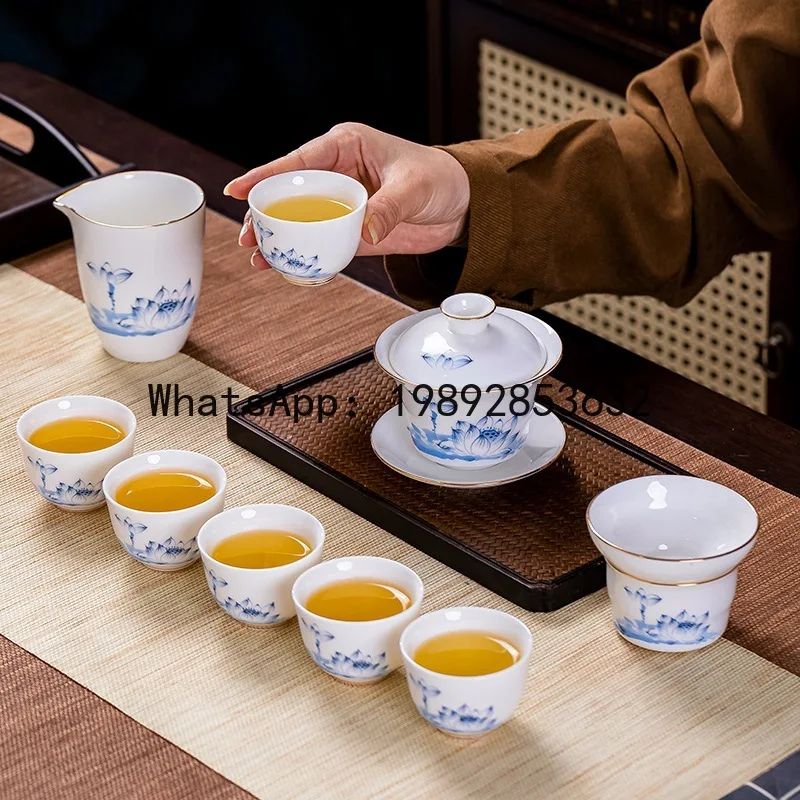XL Ceramic Tea Set for Home Use Wholesale Blue and White Kung Fu Tea Cup and Gaiwan 8-Piece Set Company Gift 3
