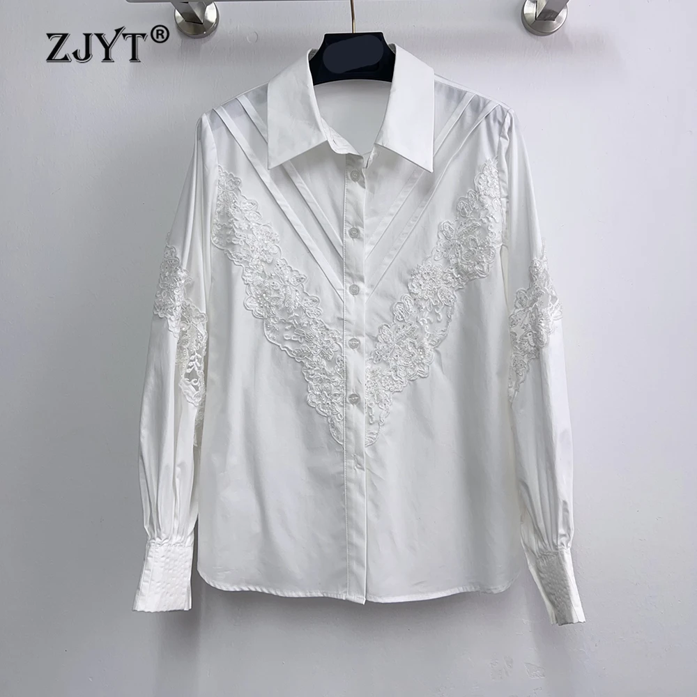 

Женские блузки и рубашки ZJYT из 100% хлопка с длинным рукавом, весна 2026, новинка, элегантная белая вышивка, повседневная свободная рубашка для работы