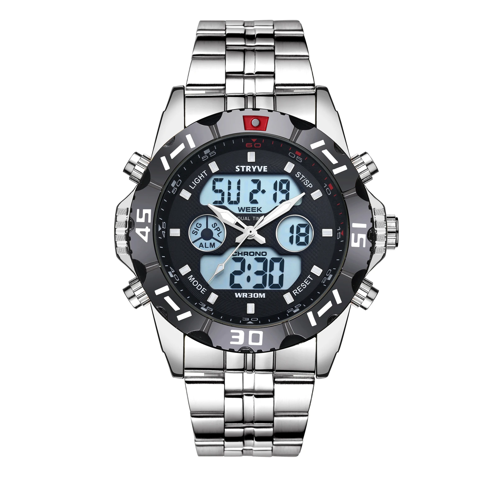 Stryve8011 Relojes Brand Waterproof Business Sport Watches Men Stainless Steel Digital pointer Dual Display fashion quartz watch