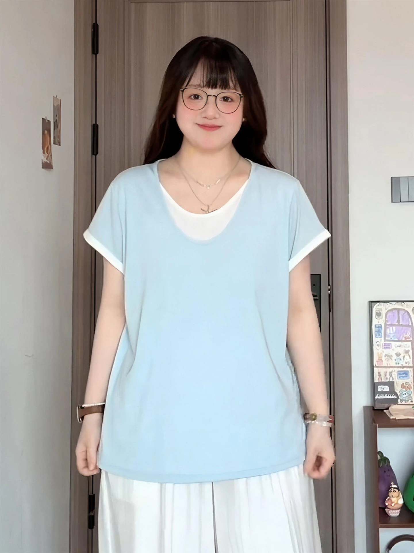 

Blue plus Size Women's T-Shirt Short Sleeve Loose Fitting Slimming Meat Covering Casual Style Summer Top for plus Size Women
