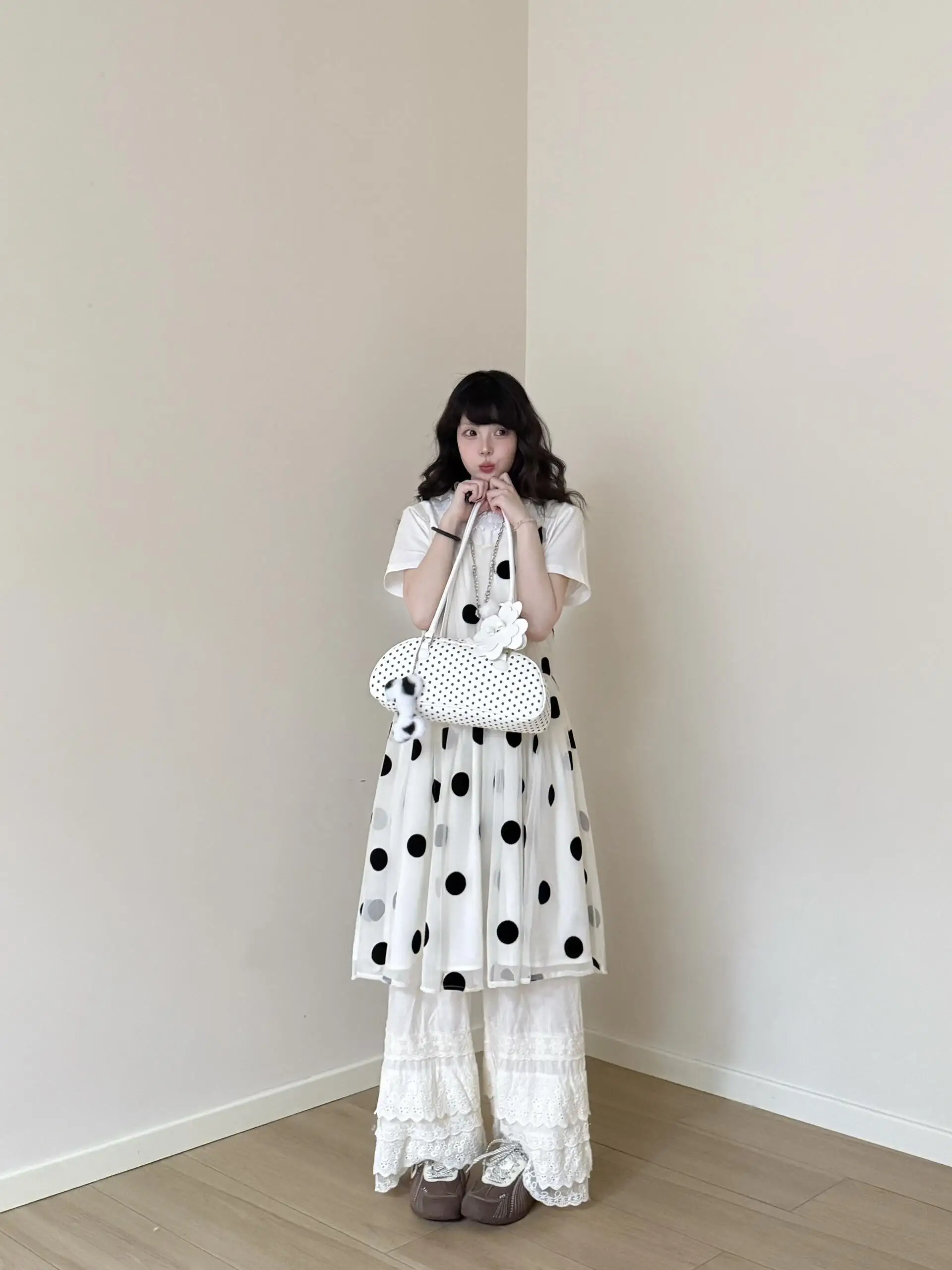 

Sweet Cute Ruffle Collar ort Sve T-irt Polka Dot White Lace Trim Skirt Set Two Piece Set Women's Faion Summer Outfit