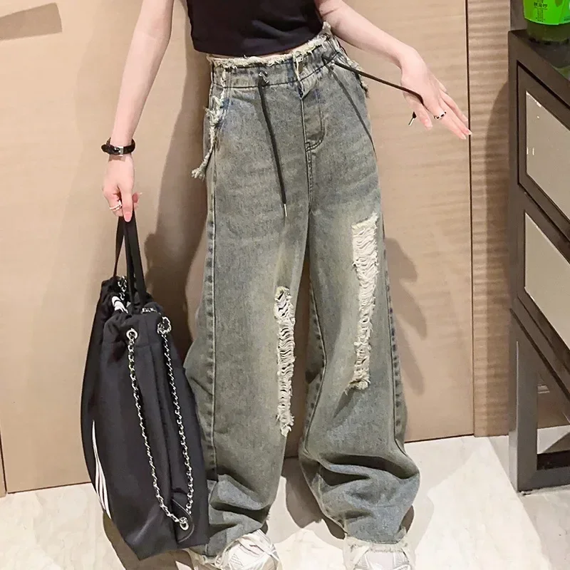 

Girls Ripped Jeans Autumn 2024 Fasion Loose Casual Wide Leg Pants for Kids Straight Elastic Waist Teenage Children Trousers