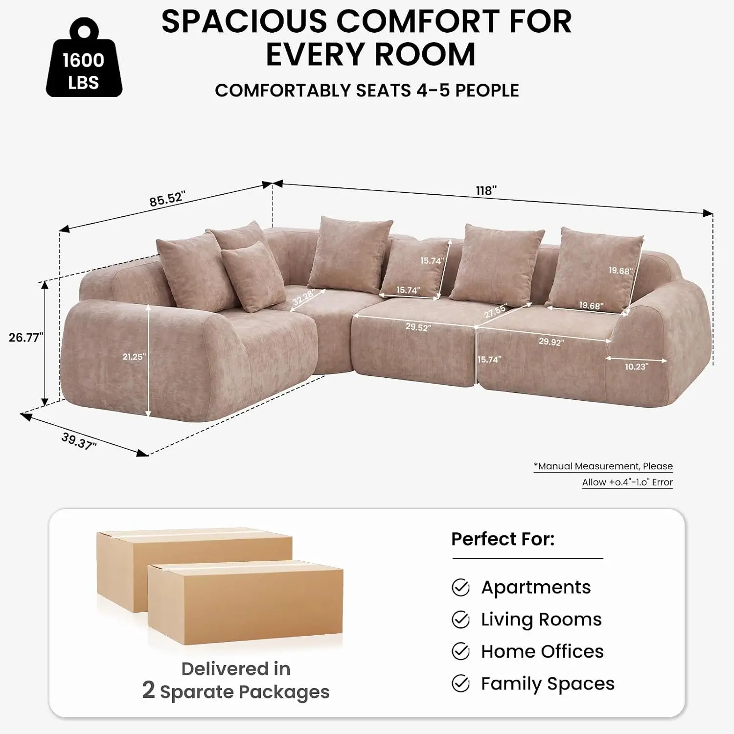 118-Inch Oversized Cloud Sectional Sofa, Velvet Boneless L-Shaped Couch with Curved Chaise, Compression Memory Foam, Customized