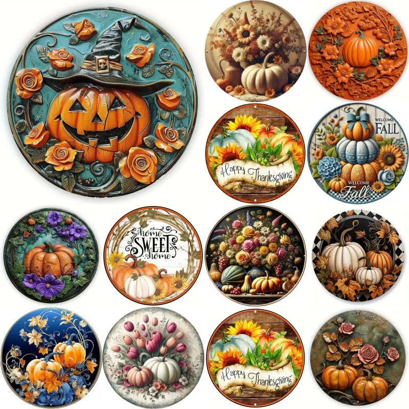 Round Metal Tin Sign Art Painting Decorative Plates autumn fall pumpkin Plaque Poster for Bar Cafe Club Home Room Wall Decor