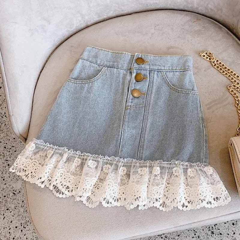 

Children's Clothing 2025 New Teens Baby Kids Lace Spliced Denim Skirt for Girls Fashion Clothes Princess Cute Elegant Skirts