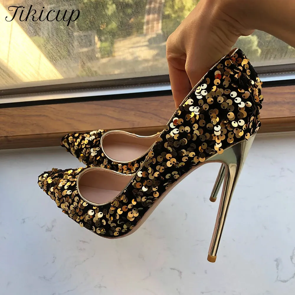 

Tikicup Shiny Gold Sequin Pointed-Toe Stiletto Heels 12CM Ultra-Thin High Heels Party Pumps for Evening,Weddings,Club Nights