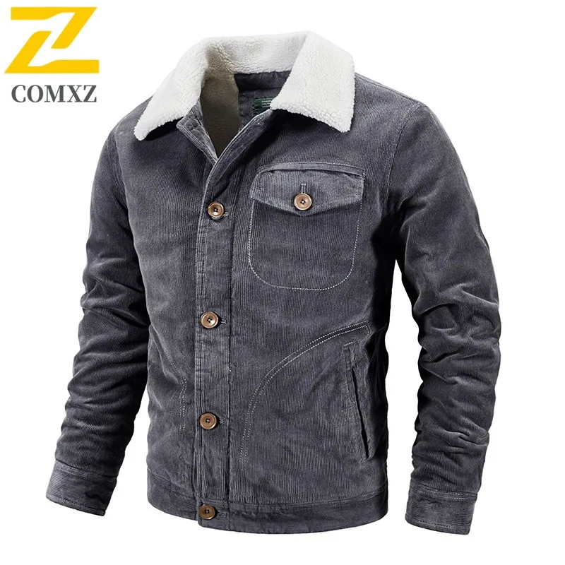 

COMXZ 2025, мужская вельветовая хлопковая куртка на подкладке из шерпа, осень-зима, плотная стираная уличная рабочая одежда, теплое легкое пальто