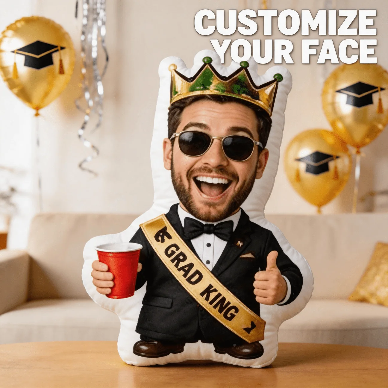 Custom Personalized Photo Face Pillow, Graduation King Character Custom Shaped Decorative Cushion, 60cm Large Size Accent Pillow