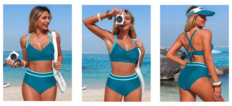 Damen-Bikini-Set mit hoher Taille, Twist-Front und überkreuztem Rücken, zweiteiliger Badeanzug, Retro-Badeanzug mit Bauchkontrolle, Sommer-Strand-Bademode – Detail 4