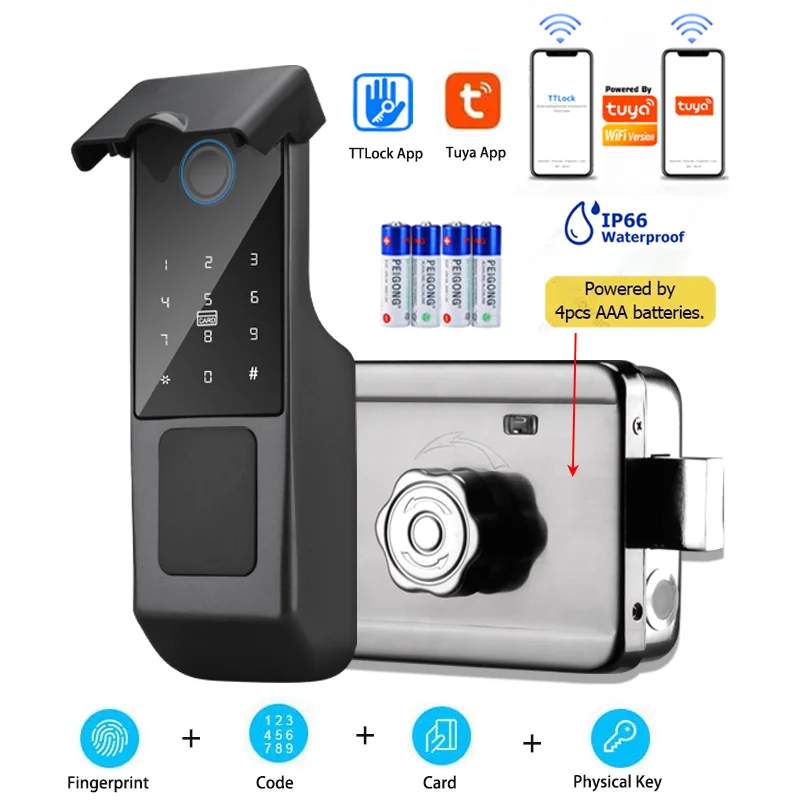 

Waterproof Outdoor Door Smart Rim Lock Digital WiFi Remote Fingerprint Electric Electronic Smart Door Lock with Tuya TTLock App
