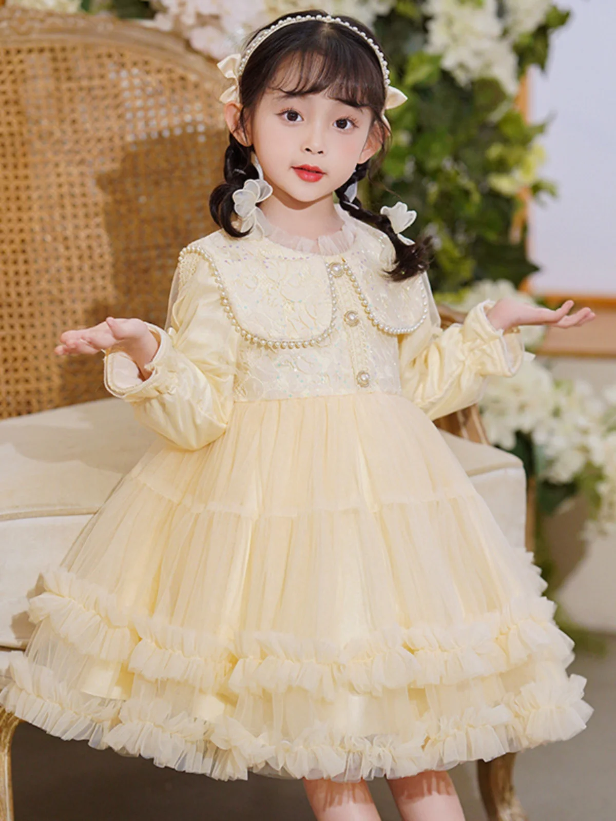 Vestido Infantil de Inverno com Forro de Lã, Novo Estilo, Saia Princesa de Tule Rodada, Cintura Alta, Modelo Evasê para Meninas